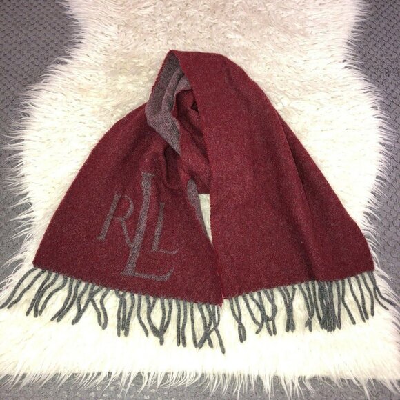 Lauren RALPH LAUREN Wool Red Gray 100% Virgin Lambswool Fringe Logo Italy - Picture 1 of 12